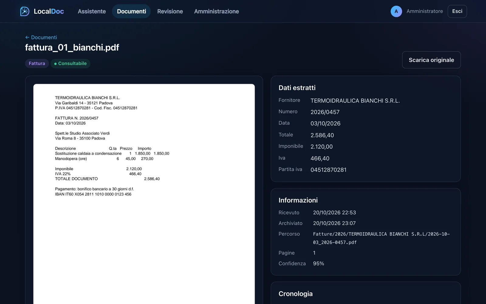 Dettaglio di una fattura in LocalDoc: anteprima del documento e dati estratti automaticamente