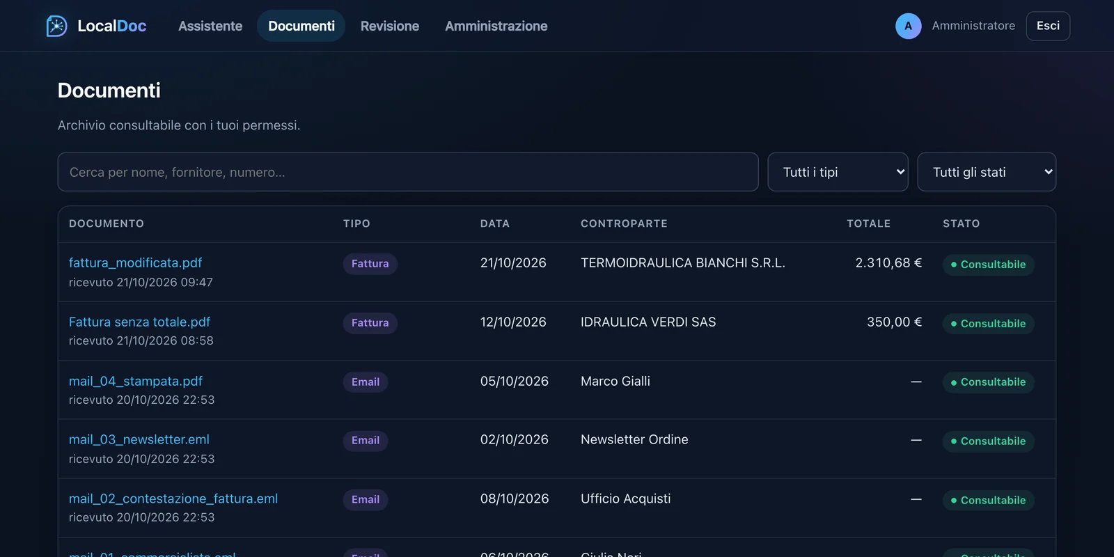 L'archivio dei documenti in LocalDoc, con tipo, data, controparte e totale