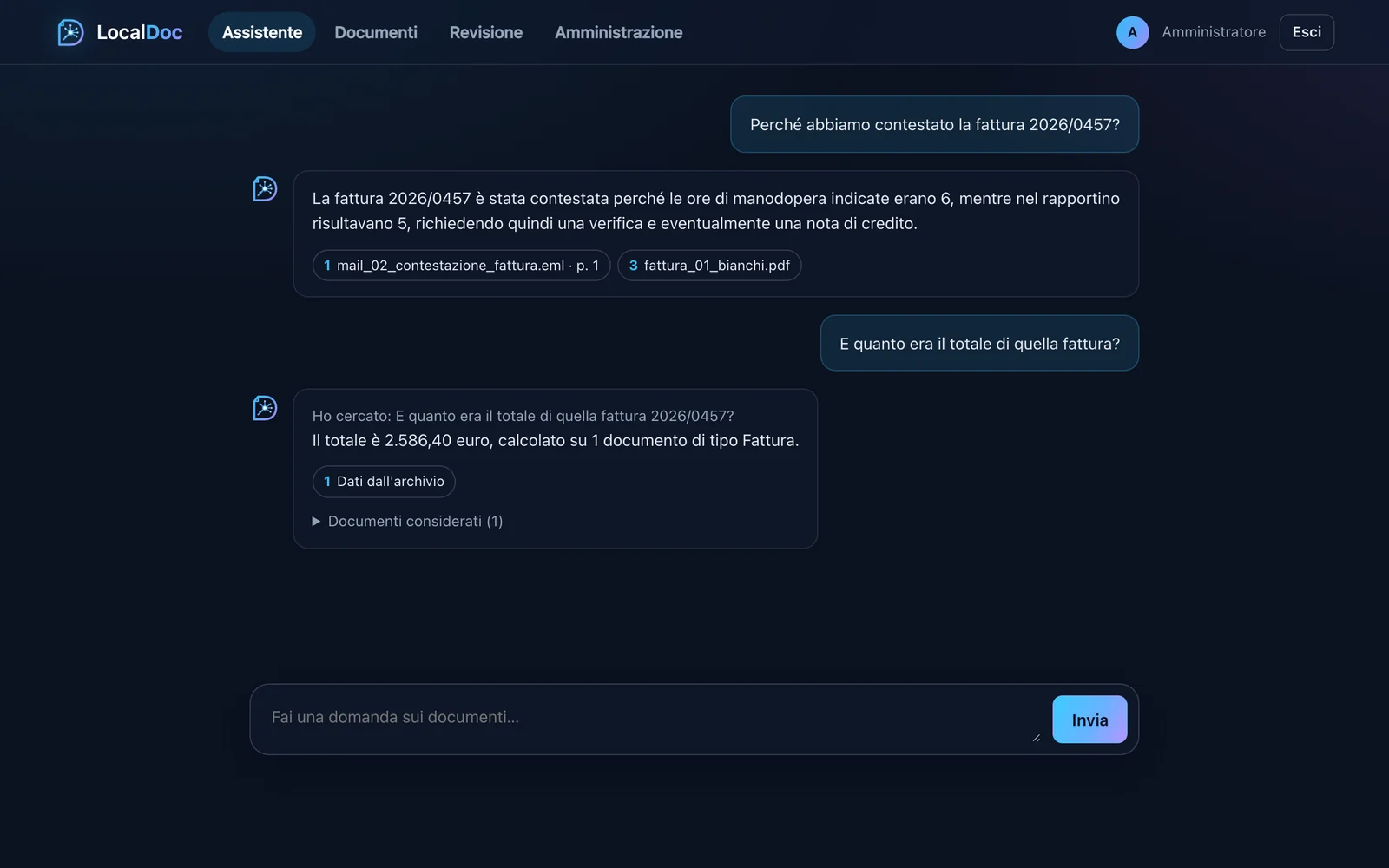 L'assistente di LocalDoc risponde a una domanda su una fattura contestata, citando l'email e la fattura da cui prende l'informazione